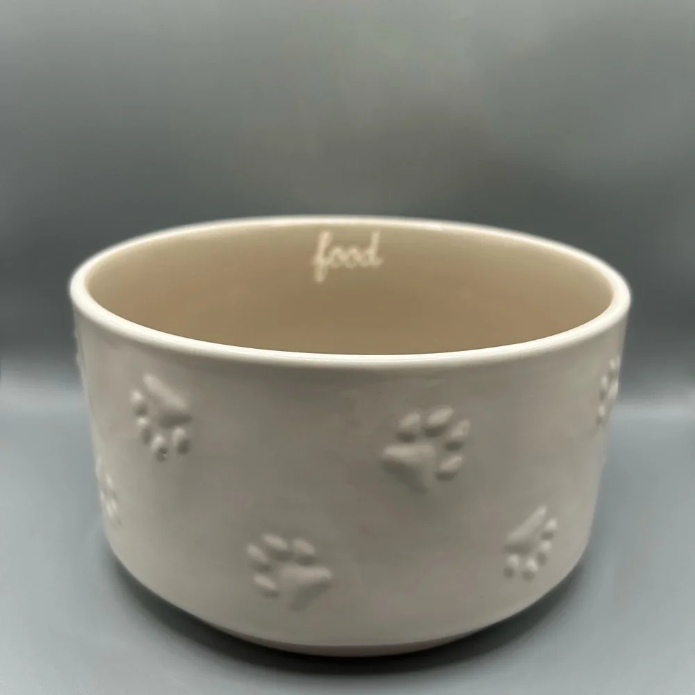 Rae Dunn FOOD Pet Dog Bowl With Paw Prints And Tan Details Classic Farmhouse NEW